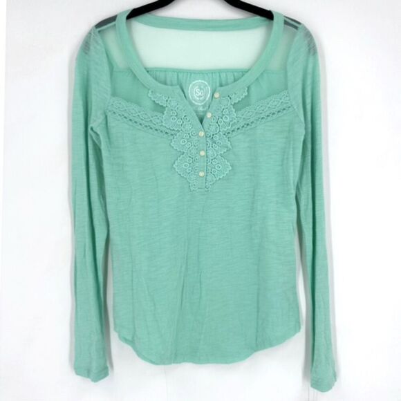 NWT SO Turquoise Blue Lace Long Sleeve Henley Top Size XS Sheer Mesh - Picture 1 of 7